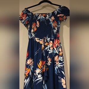 Band of Gypsies Smocked Bodice Blue Pink Floral Boho Tassel Slit Maxi Dress Med.